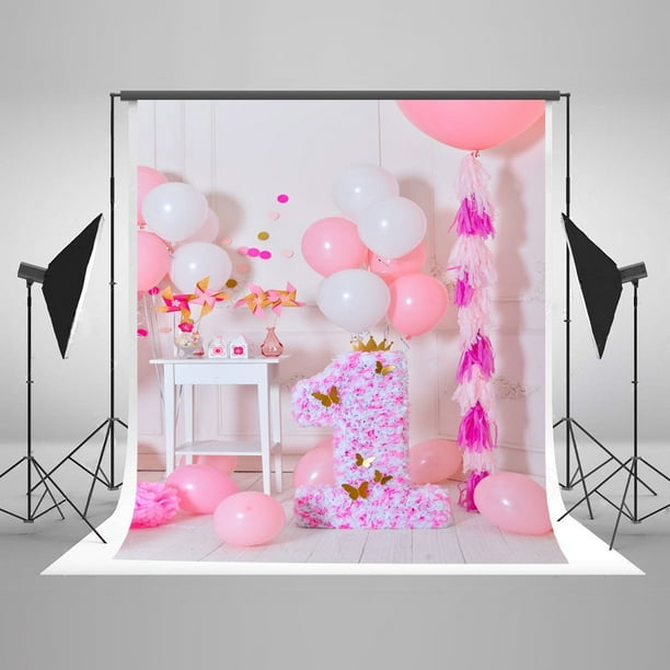 8x6.5ft Happy Birthday Polyester Photography Background Artistic Faded Pink Letters Flowers Corner Spots Lines Black Backdrops Child Baby Girl Birthday Party Banner Cake Smash Studio Photo Props